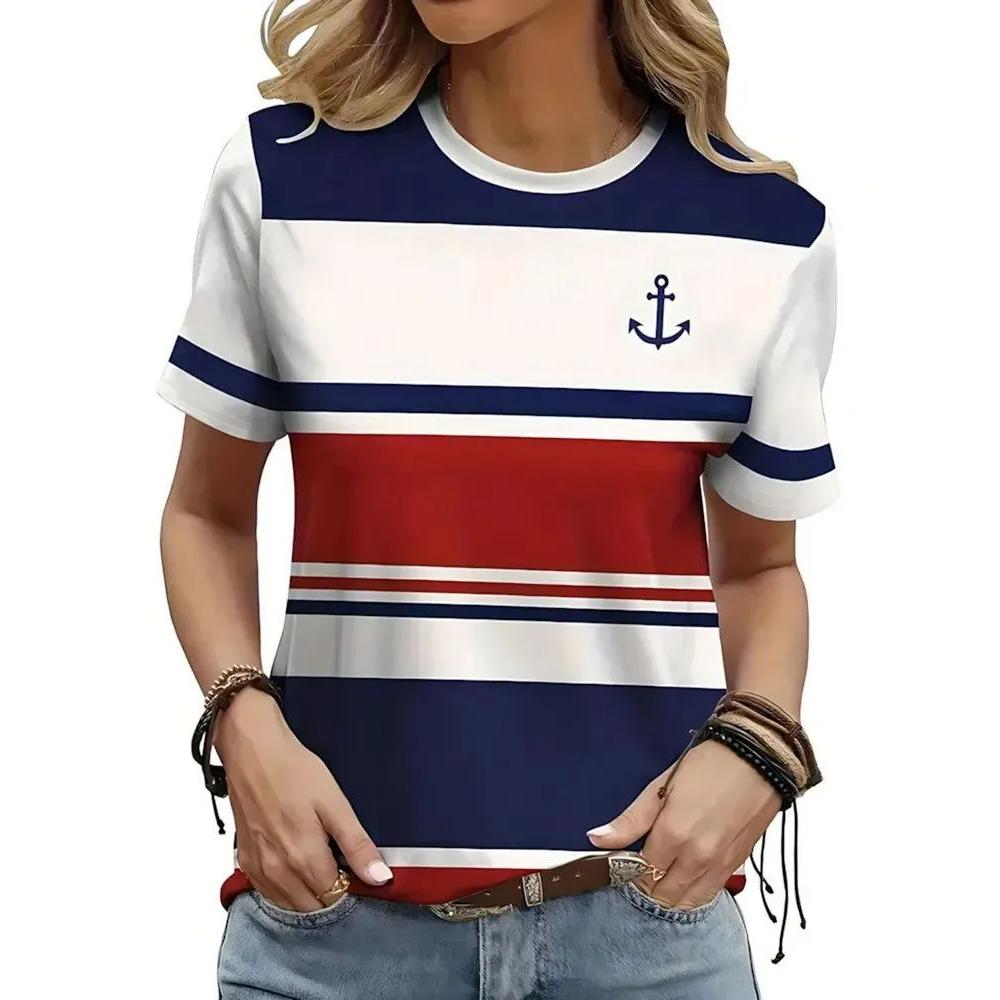Fashion Versatile Women's Striped Printed Top Casual Loose Short Sleeve Daily Comfort T-Shirts Women’s