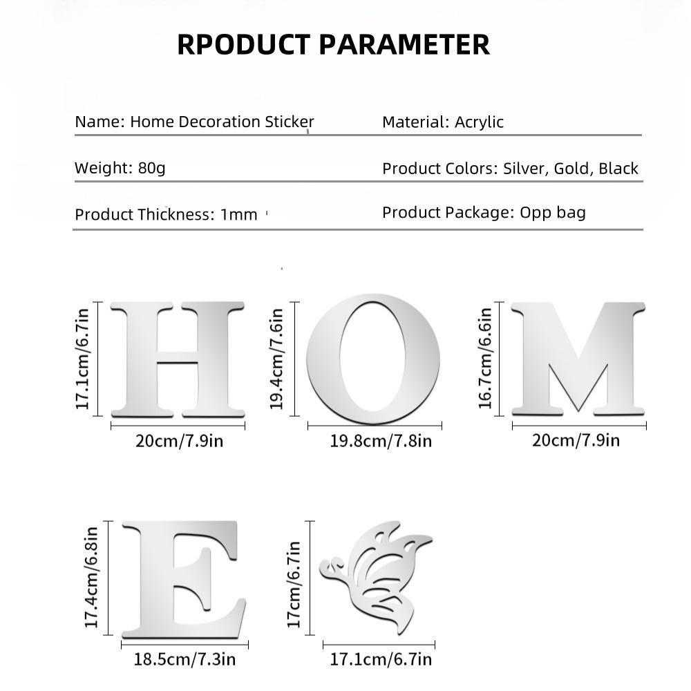 5pcs English Letter HOME Butterfly Acrylic Wall Sticker Self-adhesive Mirror Wall Sticker DIY Interior Decoration Living Room Entrance Wall Painting