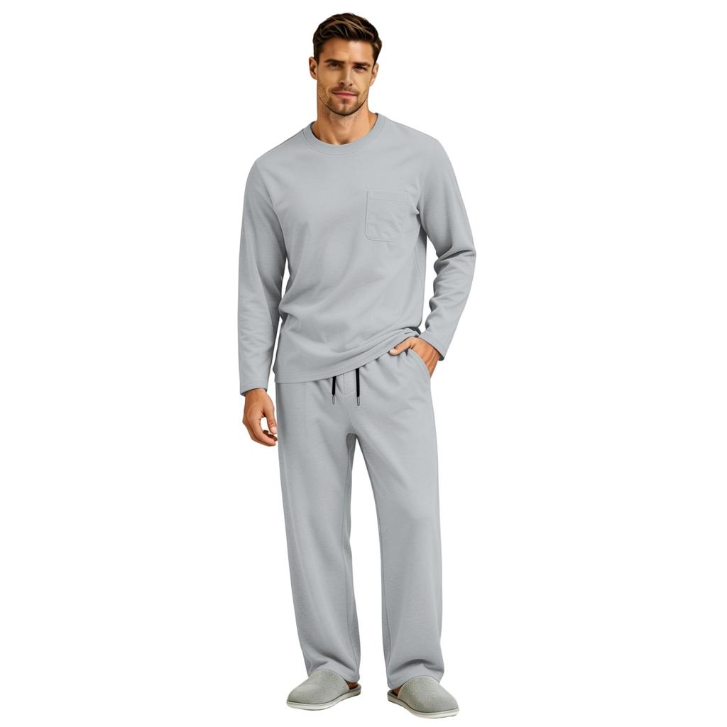 Men's Long Sleeve Pajama Set with Button Fly and Elastic Drawstring Waist for Sleep and