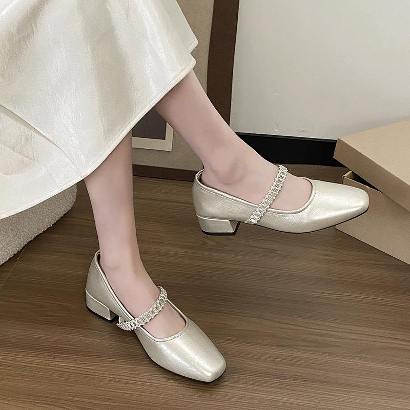 French elegance temperament rhinestone square head single shoes women's 2025 autumn new fairy style with skirt thick heel Mary Jane shoes