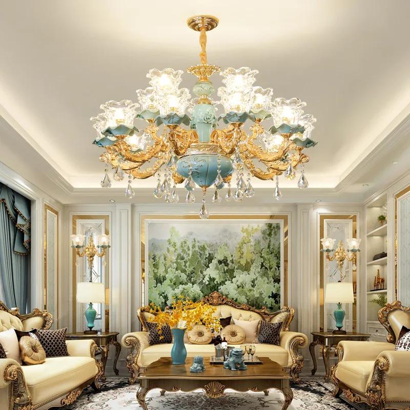 Chandelier Luxury Crystal Blue Ceramic For Living Room Ceiling Lamp Villa Bedroom Dining Room Indoor Home Decor Lighting Fixture