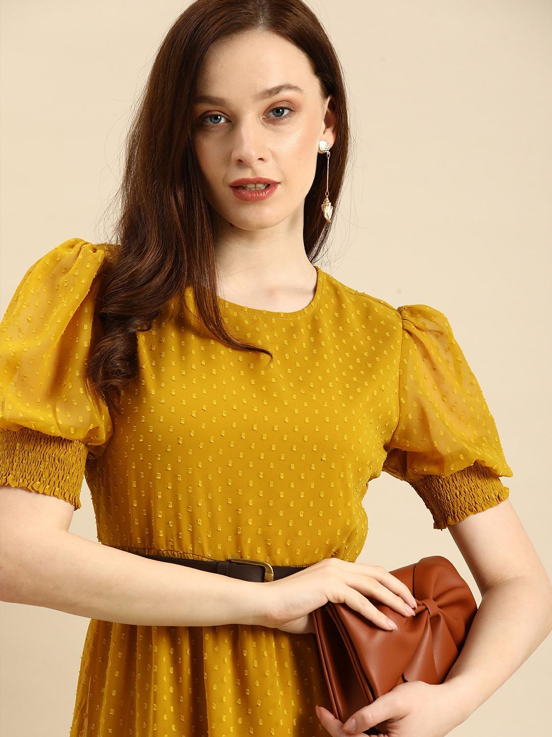 

Платье А-силуэта с рукавами-фонариками собственного дизайна в горчично-желтом и перламутрово-фиолетовом цветах S жёлтый