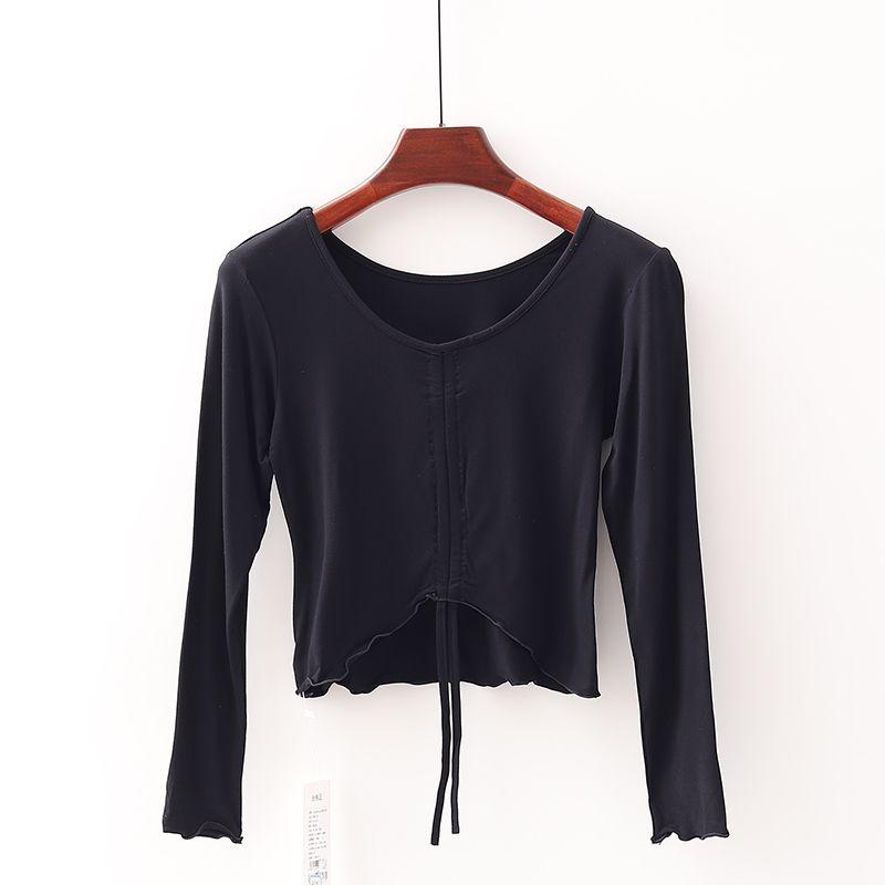 

[Fan] Shopping Mall Brand Discount Women s High Elasticity Drawstring Lace Crop Top Ice Silk Yoga Sports T-shirt 4x001 Black M/160