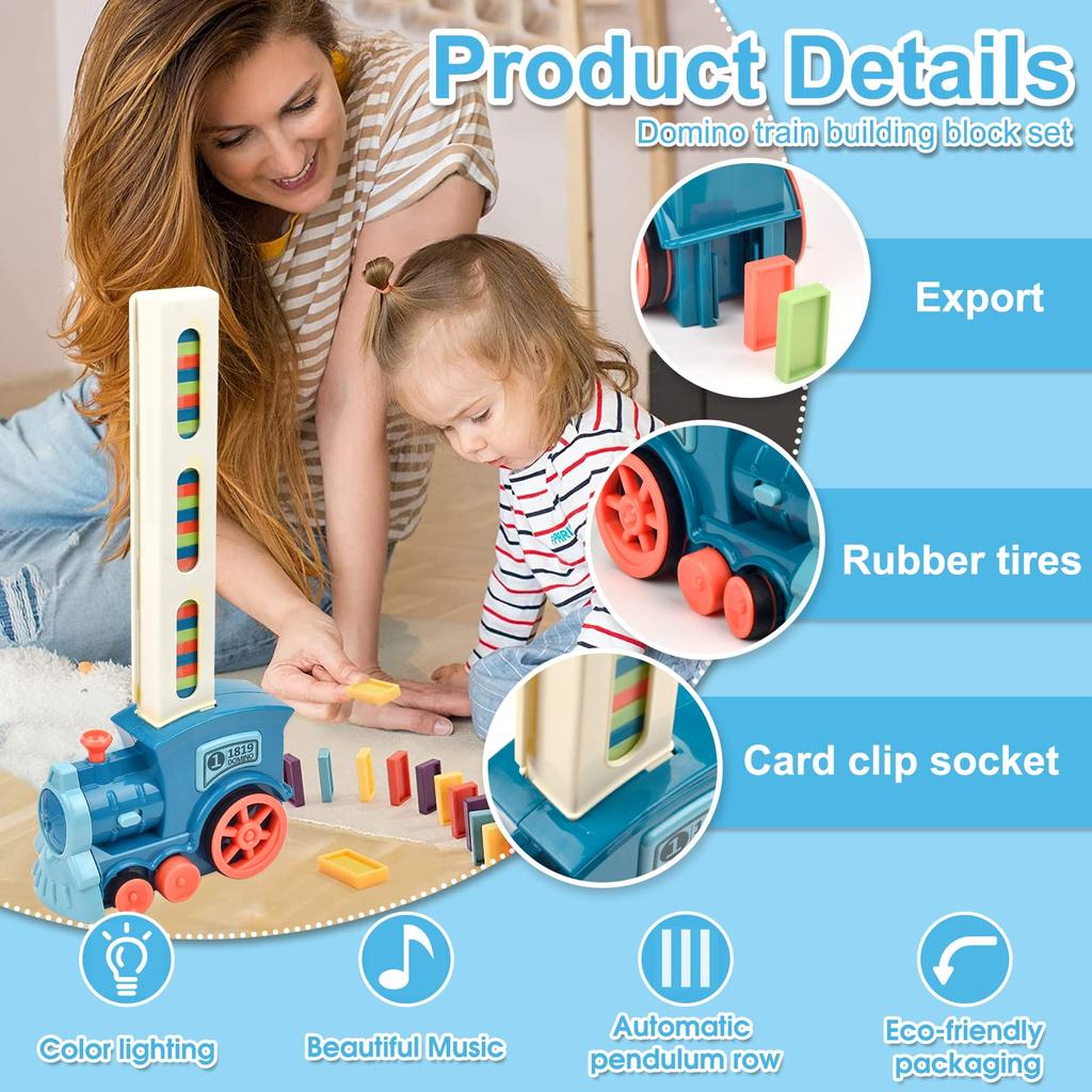 Elektrický domino vláček s 150 kostkami, automatické kladení, vzdělávací hračka, perfektní vánoční dárek - modrá a růžová varianta