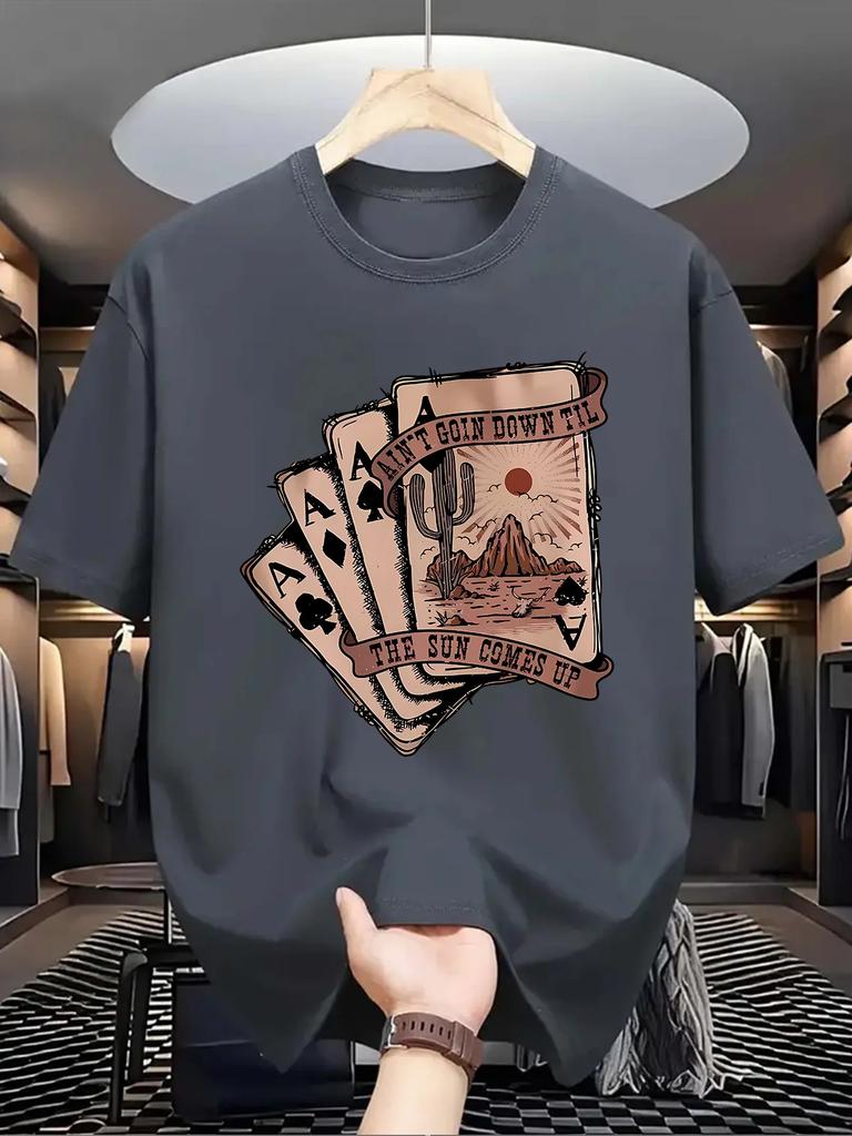 Men'S Casual Crew Neck T-Shirt with Playing Card Graphic,  Knit Fabric, Slight Stretch, Regular Fit, Summer Top for Daily Wear