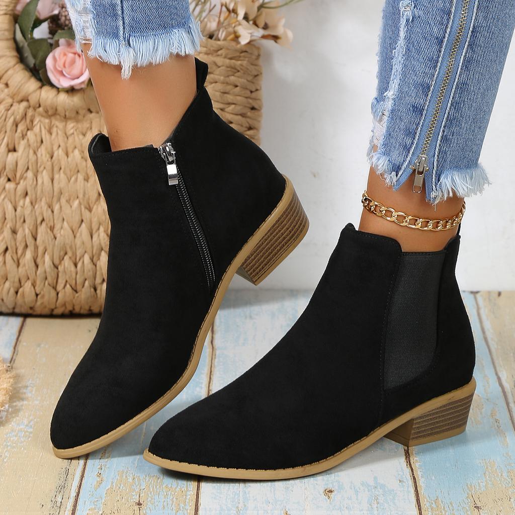 Short boots autumn and winter pointed suede side zipper thick heel Martin boots