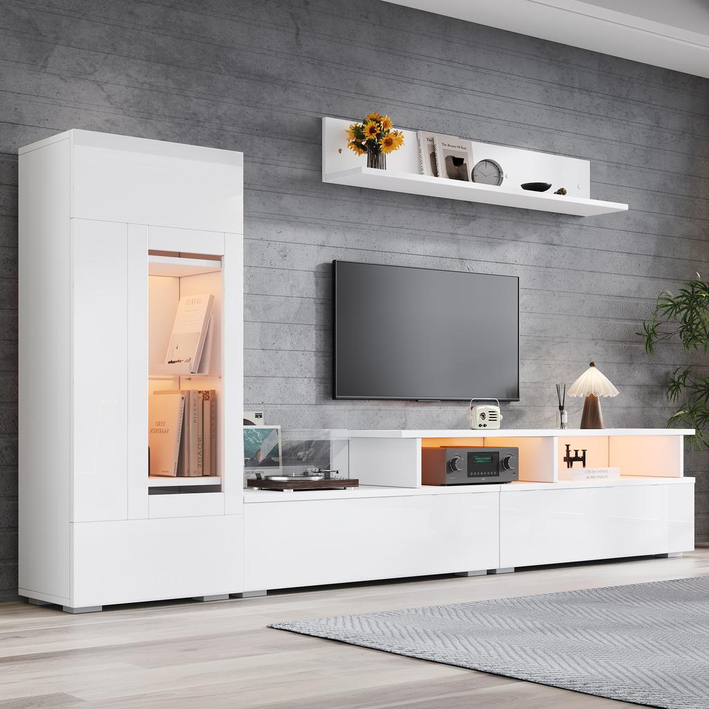 Set Mobile TV da Parete, 3 Pezzi, Illuminazione LED, Laccato Lucido, Soggiorno, 1 x Mobile TV, 1 x Vetrina Soggiorno, 1 x Mensola a Muro, TV fino a 75' Bianco