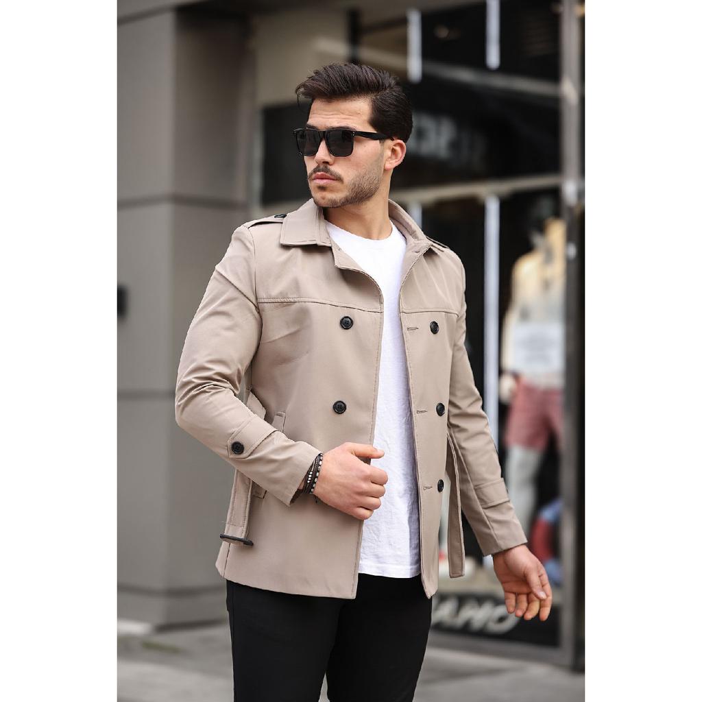 Men's Black Seasonal Lined Belted Double Breasted Trench Coat