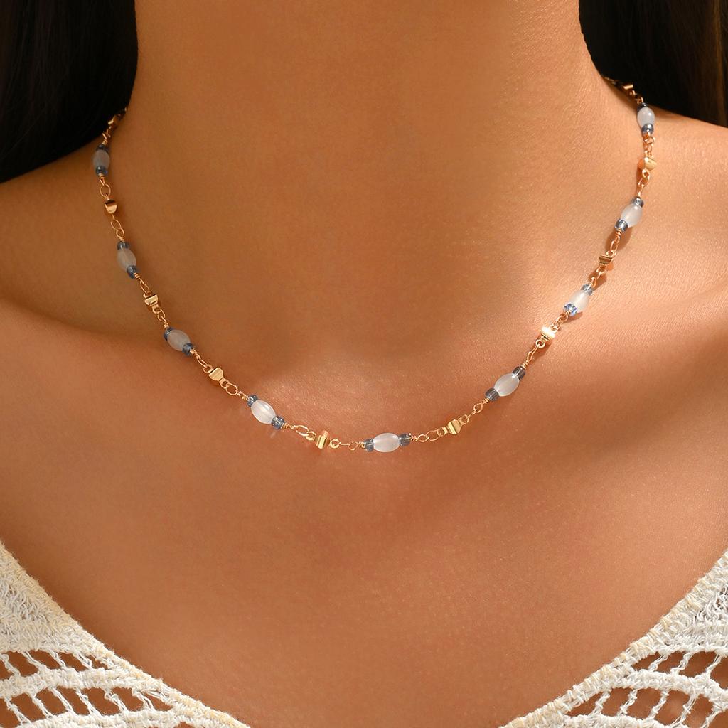 Simple Classic Creative Round Beads Rice Beads Woven Neck Necklace Vacation Wind Beaded Contrasting Color Necklace Collarbone Chain Women
