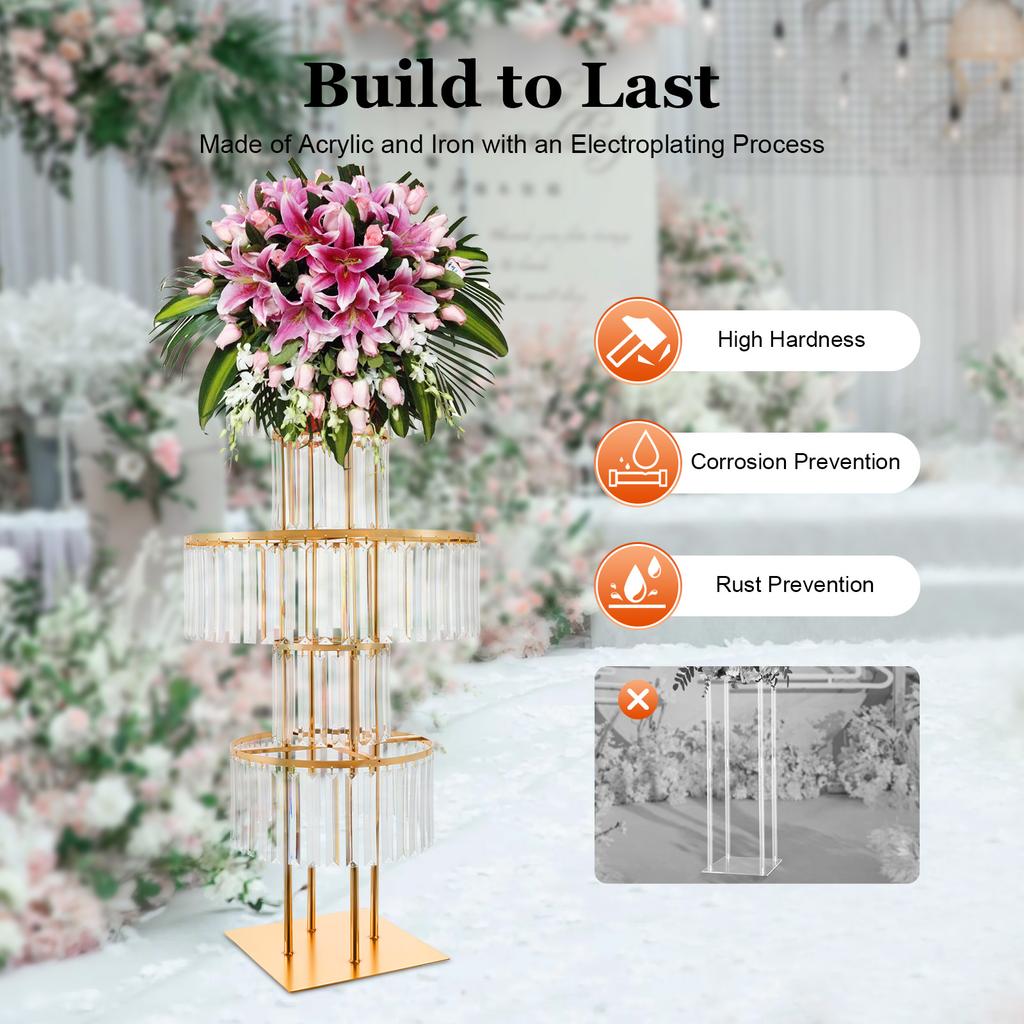 5 Tier Crystal Flower Stand Wedding Centerpieces Decoration Elegant Stand with Hanging Crystals for Wedding Party Centerpieces