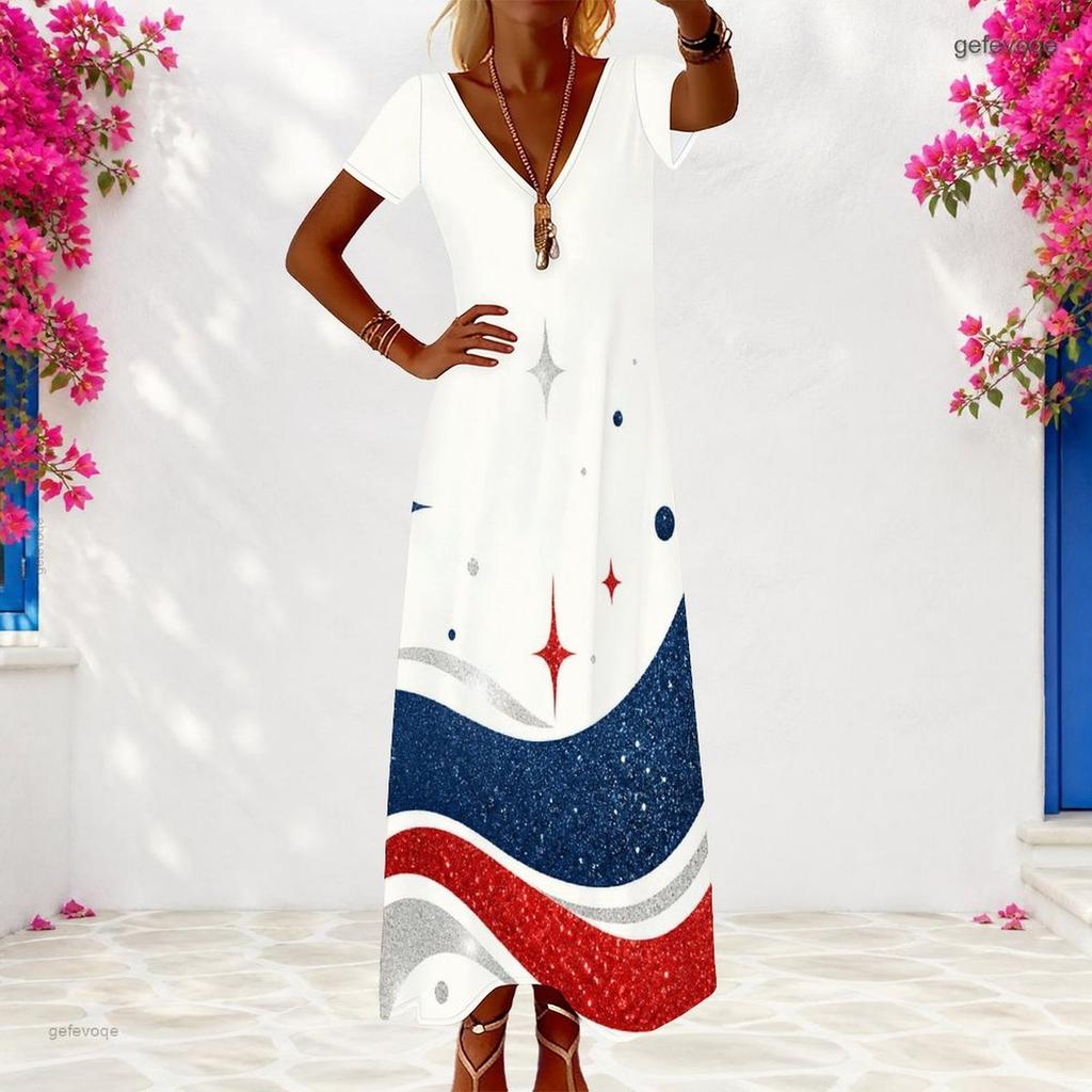 Women Plus Size V Neck Short Sleeve Maxi Dress Star Printed Red White Blue