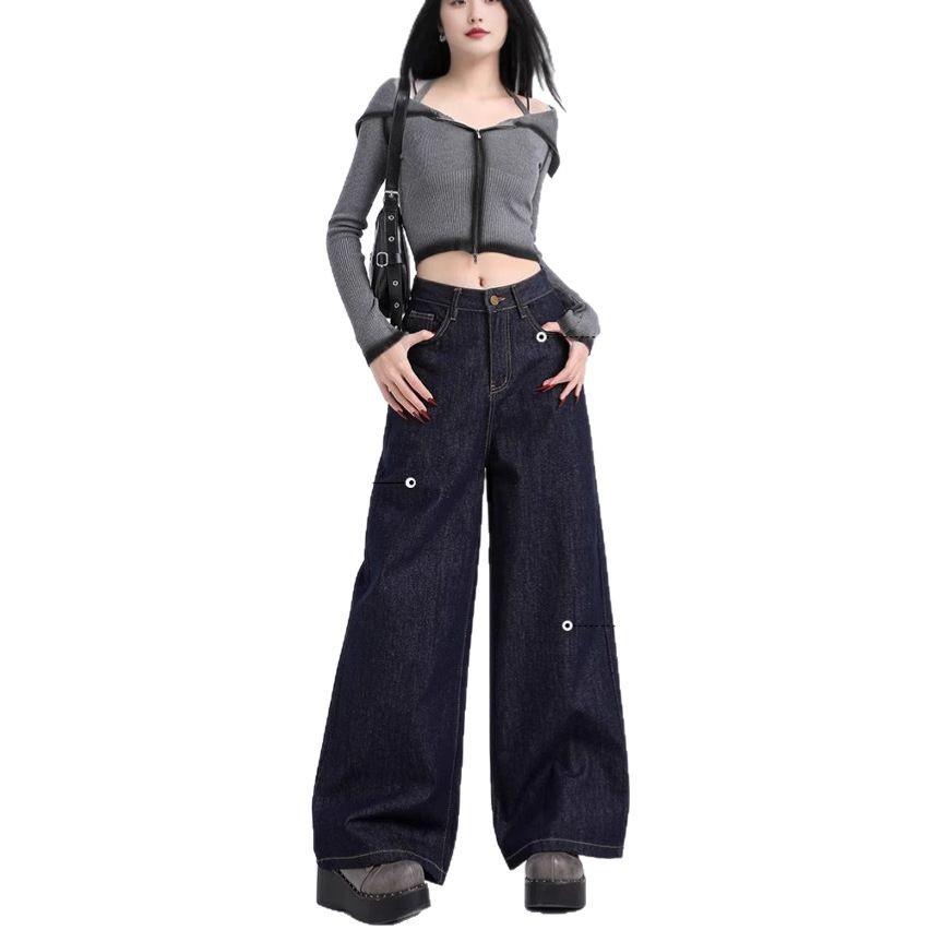 Dámské retro tmavě modré džíny s širokými nohavicemi a vysokým pasem 2025 - Jarní kolekce, Volný střih, Ležérní styl, Kalhoty s rovnými nohavicemi