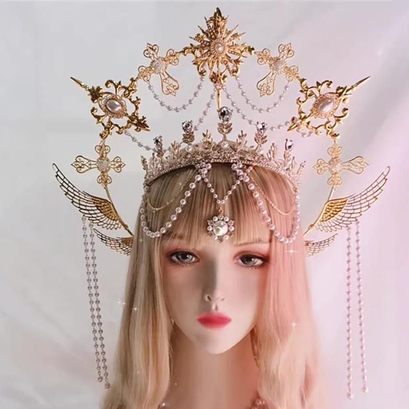 Halo Headwear Gothic Style Lolita Angel Wings Goddess Sun Virgin Mary Spiked Pearl Pendant Golden KC Halo Crown Hair Accessories