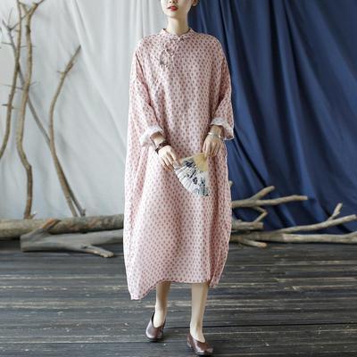 Women Chinese Style Pink Print Floral Dress Stand Long Sleeve Button Robes Autumn Ramie A-Line Loose Dress