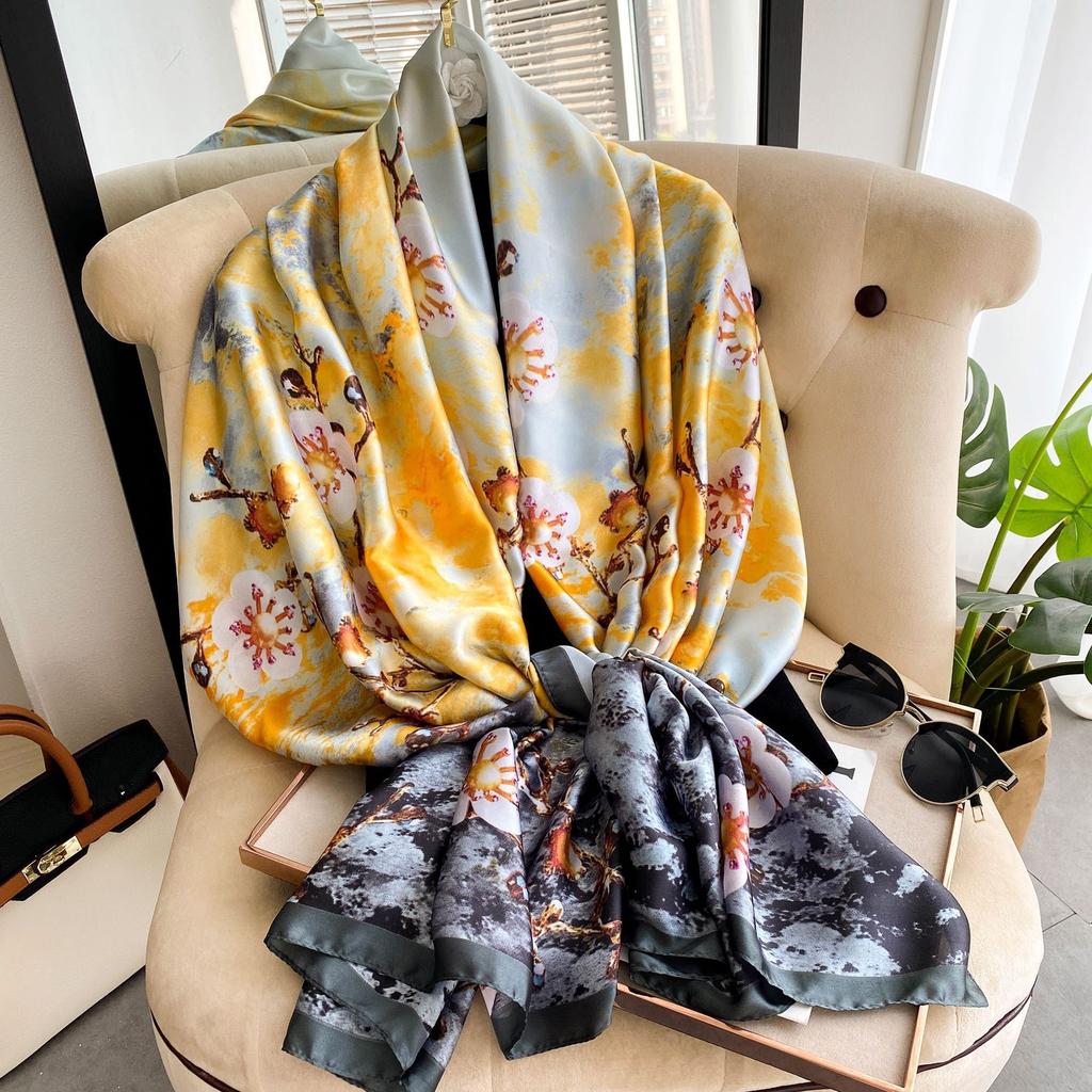Lijin Wrought Long Scarf Oil Painting Flower Print Long Silk Scarf Spring and Autumn Premium Feeling Scarf