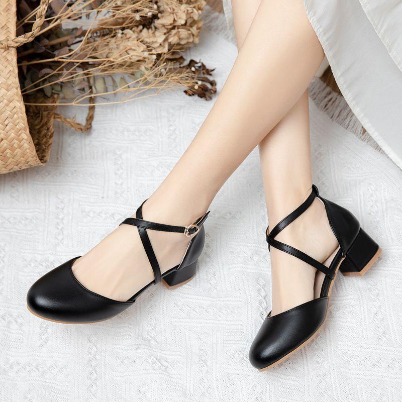2025 Sweet Mary Janes Women Sandals Round Toe Thick Heels 4cm Buckle Strap Large Size 46 47 48 Fashion Dating Shoes