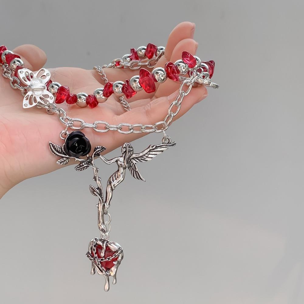 Heart Pendant Crystal Beads Necklace Angle Clavicle Chain Choker Gothic Multilayer Necklace  Gifts