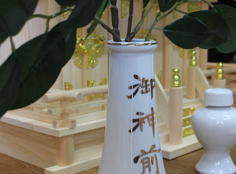 Moa Feteli Shinto Utensil Set, High-Quality 7-Piece Set, Made in Japan, Ceramic, Size (Shrine Set with Gold Lettering, Extra Large (5-inch Sakaki