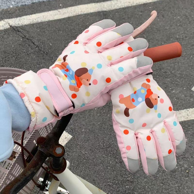 Kadın Kış Karikatür Köpekçik Kayak Eldivenleri: Dokunmatik Ekranlı, Rüzgar Geçirmez, Kadife Astarlı, Dış Mekan Sürüşü İçin Parmak Ayrık