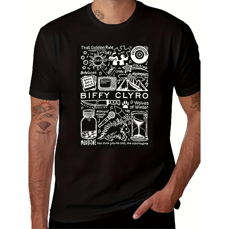 2026 NEW Biffy Clyro Men s Heavyweight Graphic T-Shirt Black Crew Neck with White Lyrics & Song Print, Casual Style, Slight Stretch Fabric, Regular S чёрный