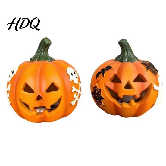 Buitenhars Herfstdecoratie Spookachtige Verlichte Pompoen Beeldje, Halloween Gegraveerd Verlicht Weerbestendige Accenten Beeld voor Tafelblad Binnen Tuin