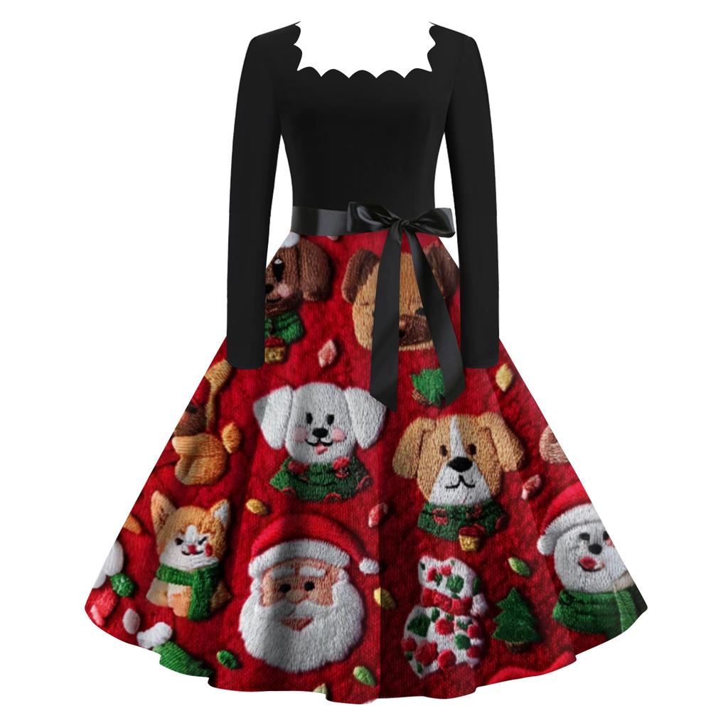 Women's Fashion Retro Long-sleeved Square Collar Christmas Printed Evening Dress