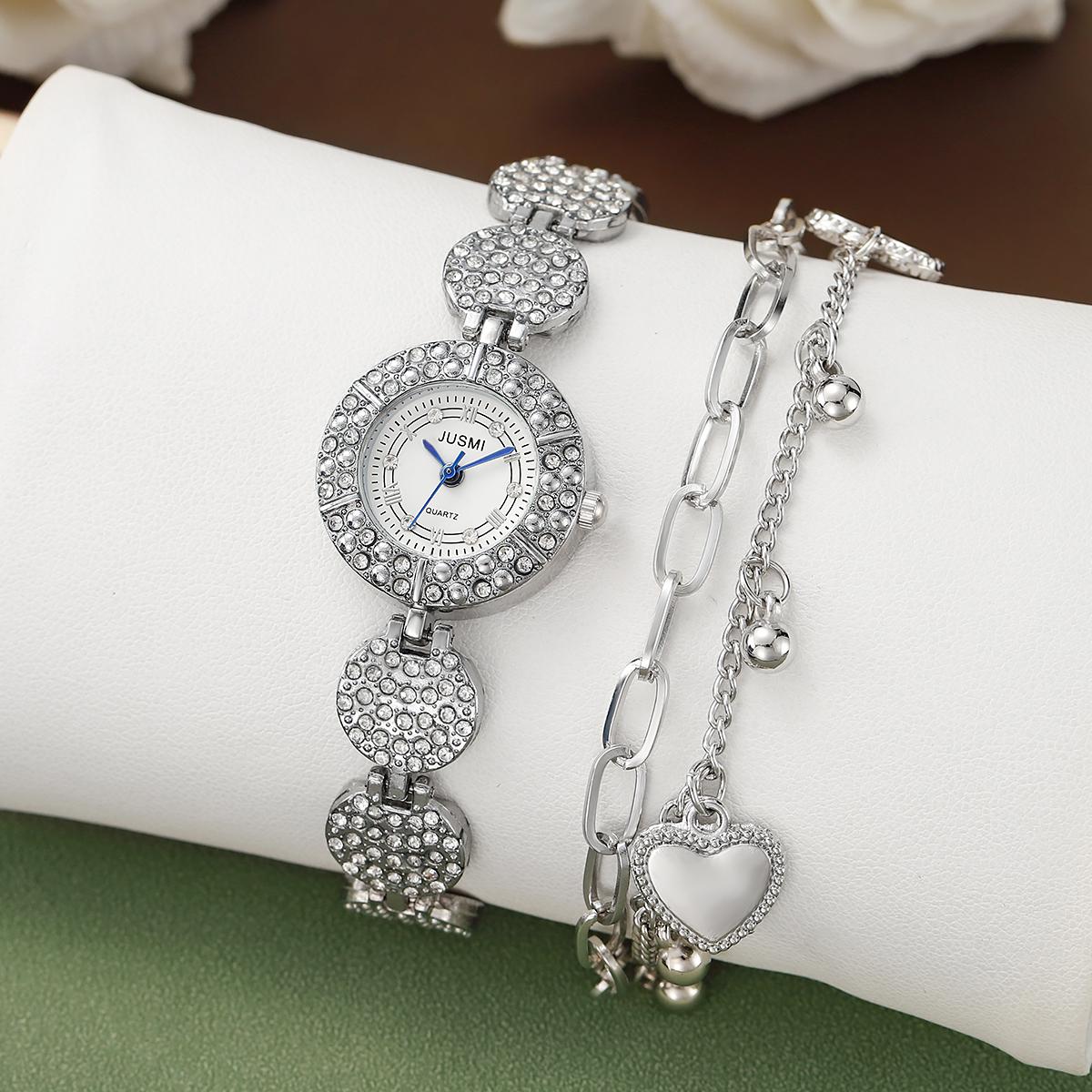 

No gift box, ladies high-end full-diamond niche quartz watch heart double-layer bracelet 2-piece set серебряный