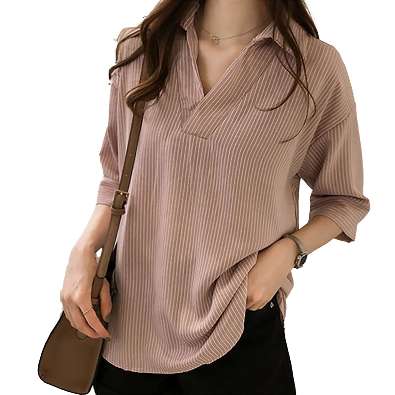 

для стильных для женщин [Большой смех] Топы, рубашки, рукава 5/8, работа, силуэт, V-образный вырез, блузка, трикотаж, полоски, (розовый, 4XL) розовый