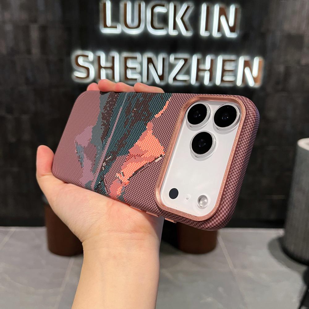 Sunset Golden Mountain Carbon Fiber Magnetic Case for iPhone 17 Pro Max - Full Coverage Metal Lens Protection