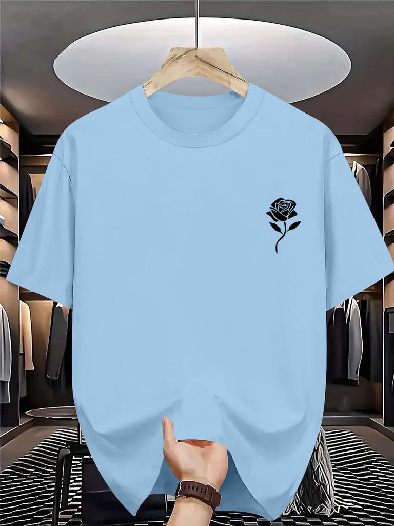 Unisex Summer Cotton Short Sleeve T Shirt Small Chest White Rose Outline Print Crew Neck Minimalist Casual Street Male Tee
