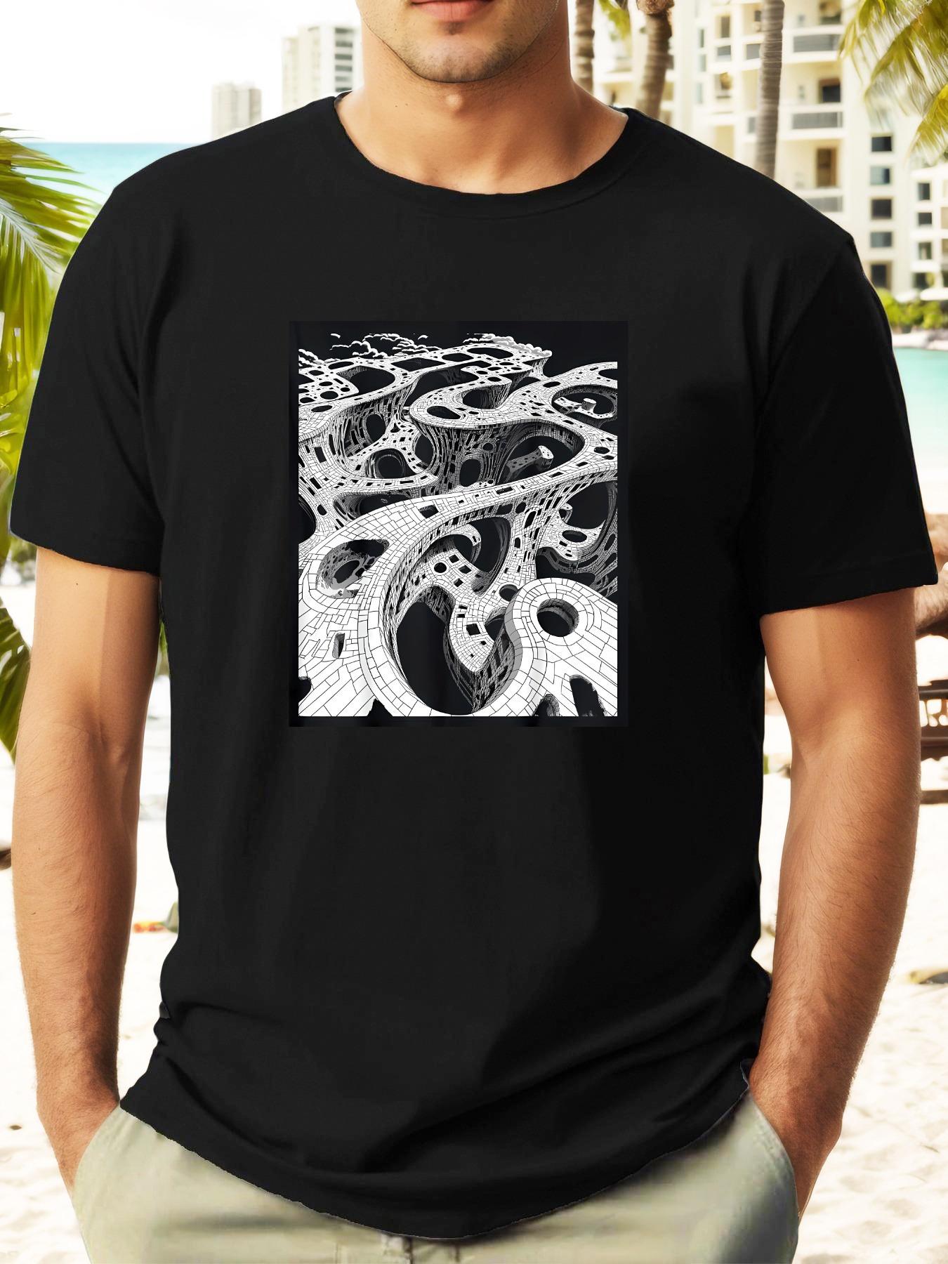 

T-shirt - Summer Lightweight Breathable Round Neck Tee with Abstract Black & White Swirl Graphic Print S