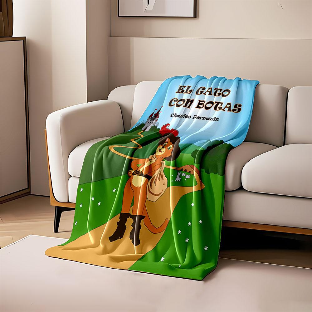 

A cheerful cat in boots by a winding path with a castle in the distance. for all seasons blanket lunch break throw gift 80cm x 120cm
