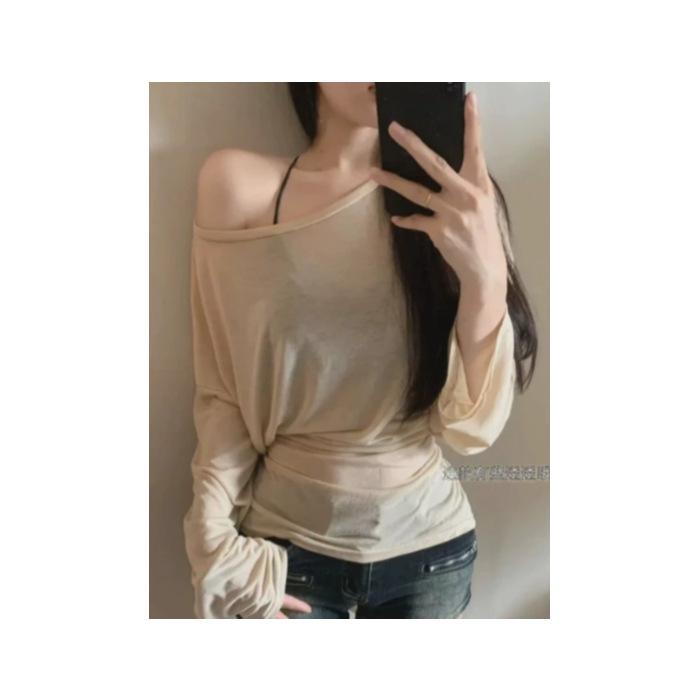 

Hollow ice silk slanted shoulder t-shirt sunscreen blouse women s summer loose high-end long-sleeved thin waist design top S хаки