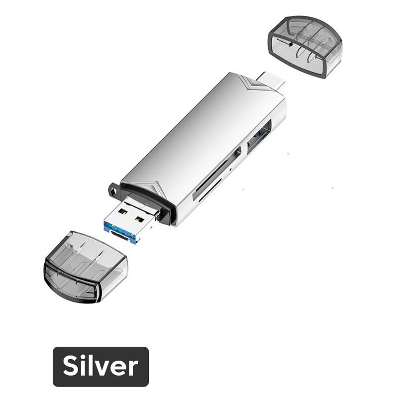 6-в-1 OTG Кардридер USB 3.0 на Type C Micro USB Адаптер Флеш-накопитель Умный кардридер для карт памяти TF Камера Mini SD Кардридер without 32GB TF Card серебряный