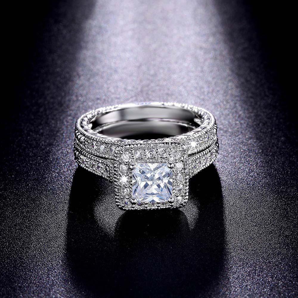 Luxury Silver Plated Square Diamond Ring Set for Couples Fashion Elegant Wedding Band