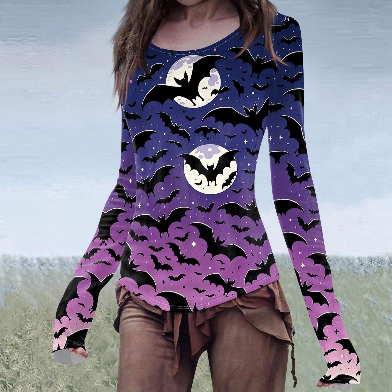 

Жіноча модна повсякденна звичайна футболка Mori Slim з довгим рукавом і принтом на Хелловін, круглим вирізом S фіолетовий