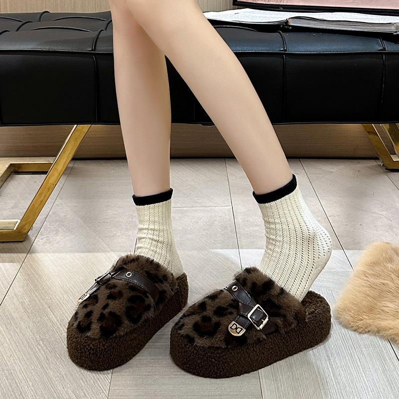 Thick-soled Plush Bag Head Half-towed Cotton Shoes, Women Wear Autumn and Winter New Internet Celebrities Popular Leopard Print Fluffy Slippers