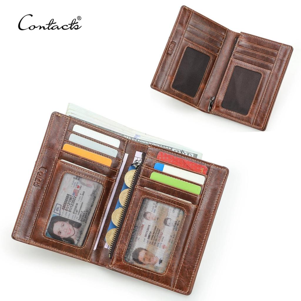 Cartera Monedero Portatarjetas de Cuero Genuino CONTACT'S para Hombre Fundas para Tarjetas con Bloqueo RFID con Bolsillo con Cremallera Portatarjetas de Identificación Cartera Pequeña de Hombre