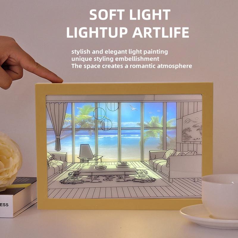Beautiful LED Light Painting Indoor Sunlight Window Wooden Photo Light Dimming Wall Artwork Table Lamp Home Decor Night Lamp