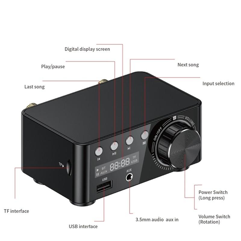 B03B-50W + 50W 100W Wzmacniacz Bluetooth 5.0 Cyfrowy Wzmacniacz Mocy Audio Klasa D USB AUX TF Kino Domowe Hifi Stereo
