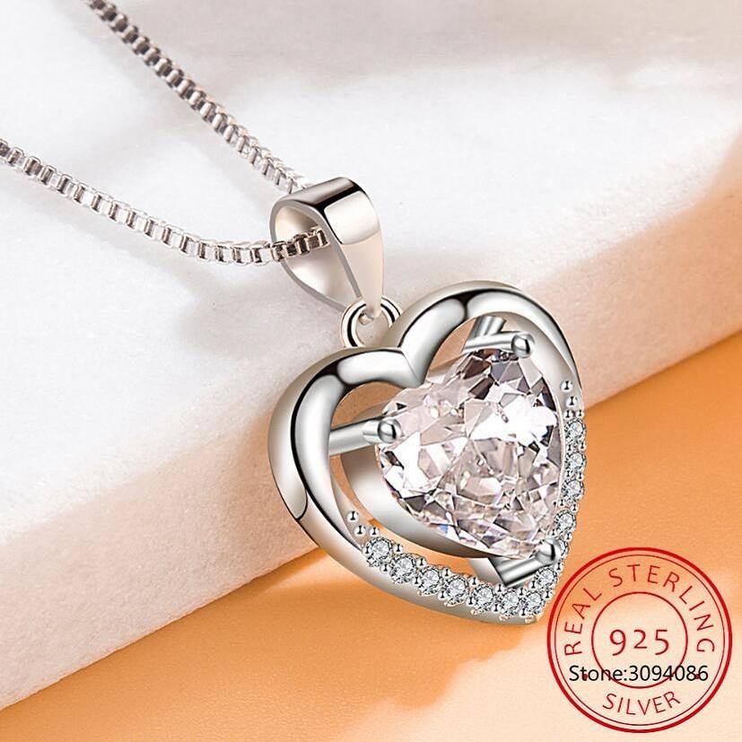 Silver 925 Necklace Women Girlfriend Wife Gift Jewelry Love Heart Zircon Crystal Pendant Necklace Colar de Prata GN9