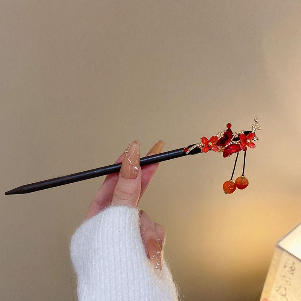 Vintage Red Rose Fringe Hairpin Fashion Chinese Hairpin Headwear Retro Red Hair Stick  Disk Hair