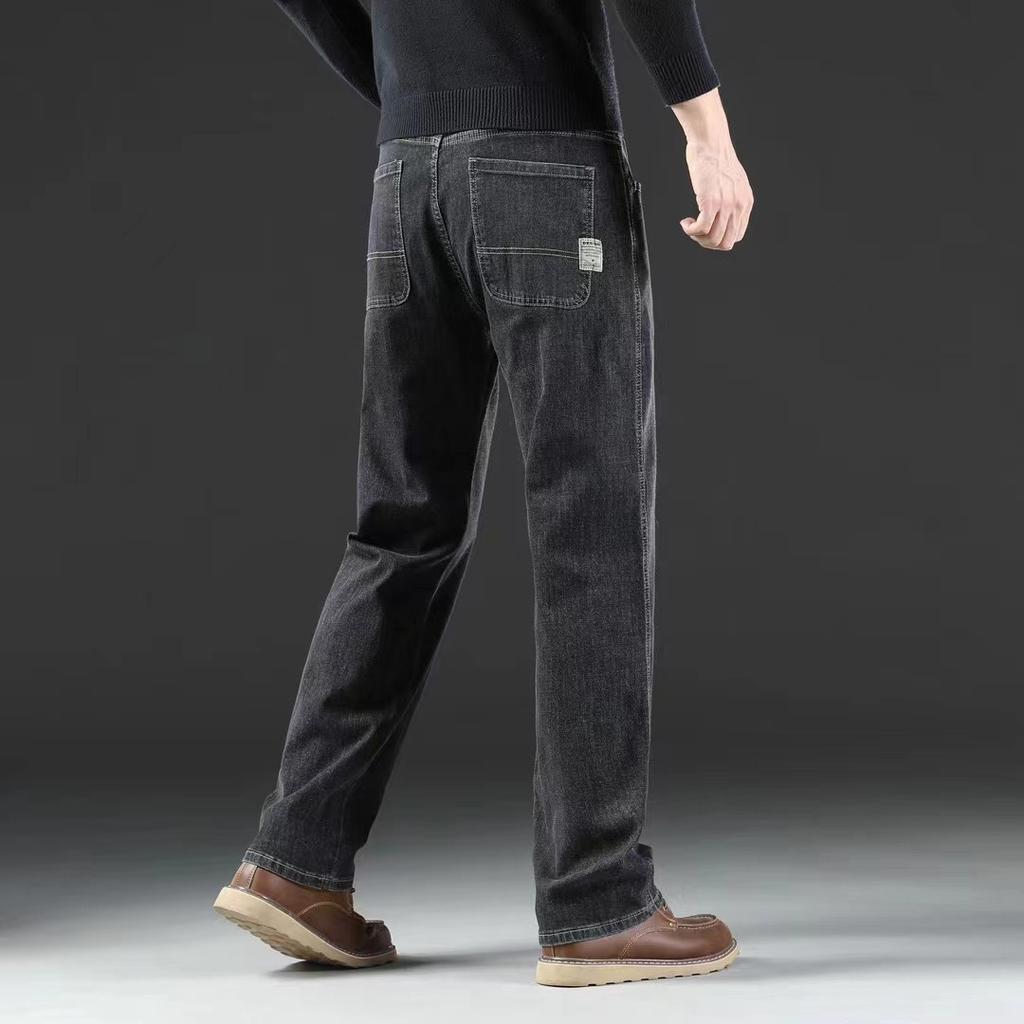 High-end Smoke Gray Jeans Straight Loose Spring and Autumn Thick Medium Diagonal Pocket Casual Pants Large Size Winter
