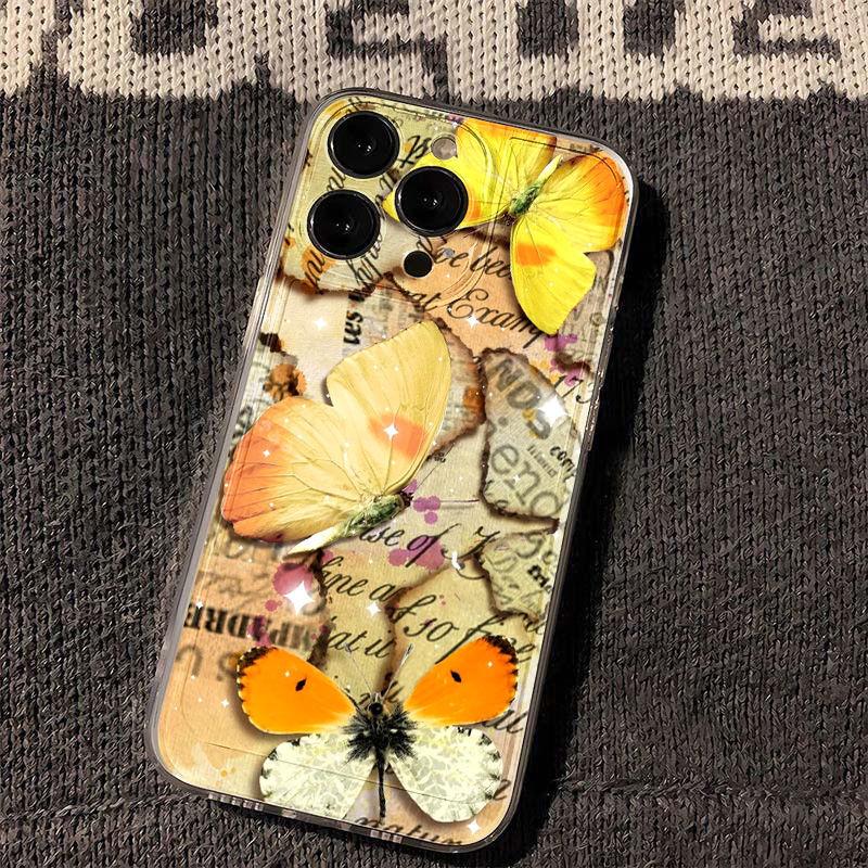 Yellow butterfly is suitable for iPhone17promax Apple 16 mobile phone case 14/13 fine hole 15 transparent and anti-drop.
