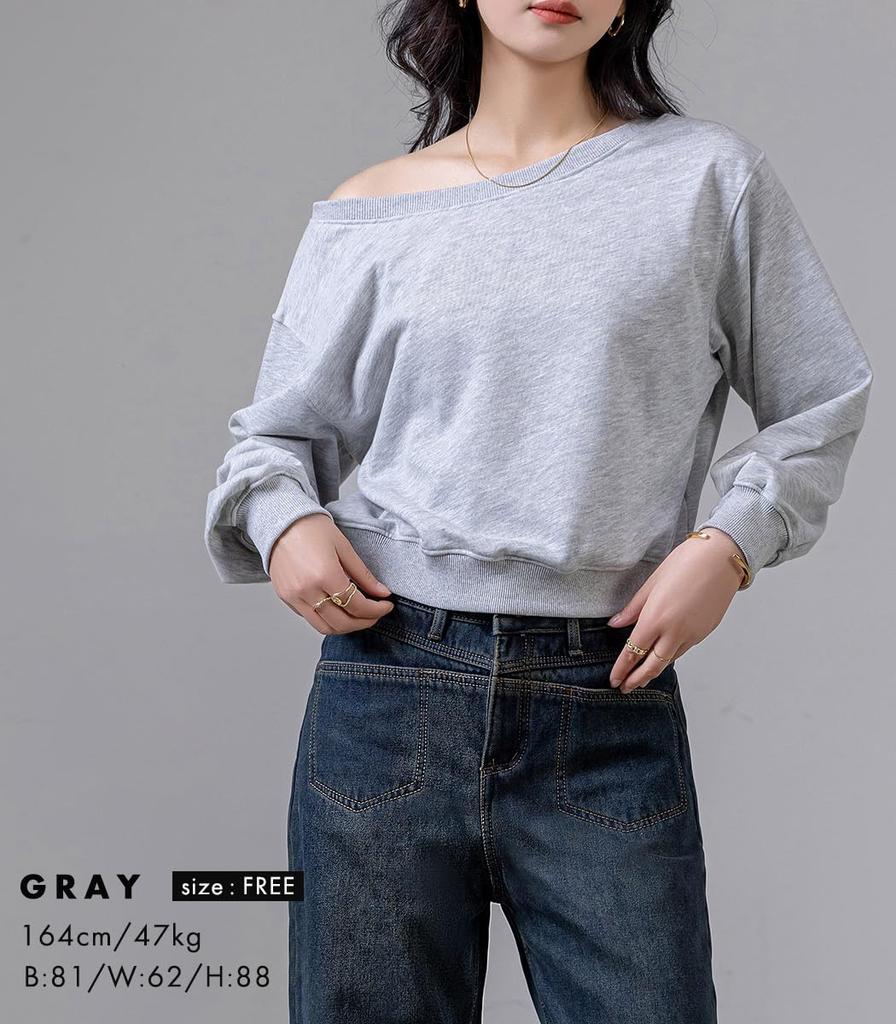 DAYCLOSET Pullover Short Medium Cold Tops2145 Women's One-Shoulder Sweatshirt, 2-Way, Length, Weight, Weather, Spring, Autumn, Winter, (JP, Alphabet,
