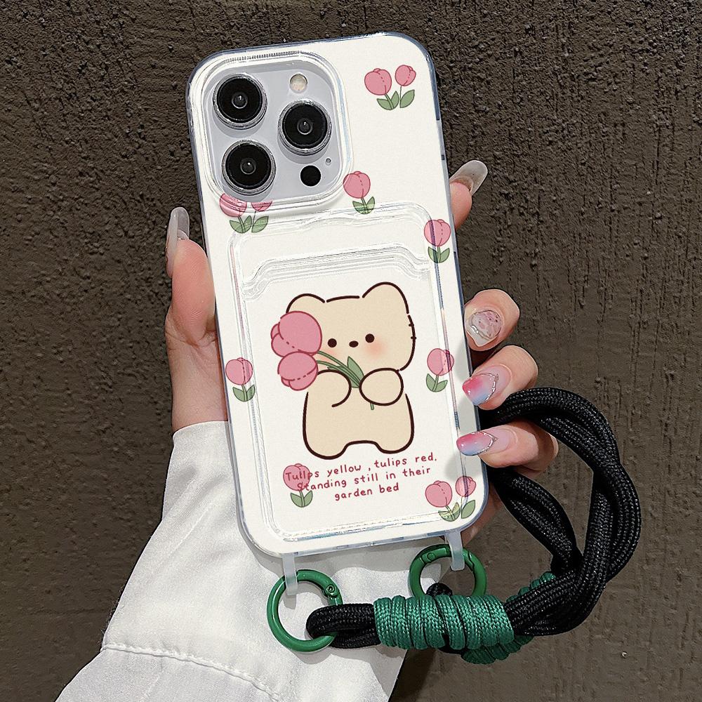 Cute Flower Phone Case For iPhone 15 Pro Case iPhone 13 11 12 14 16 Pro Max 7 8 Plus XR XS SE  Hang Chain Card Holder Cover