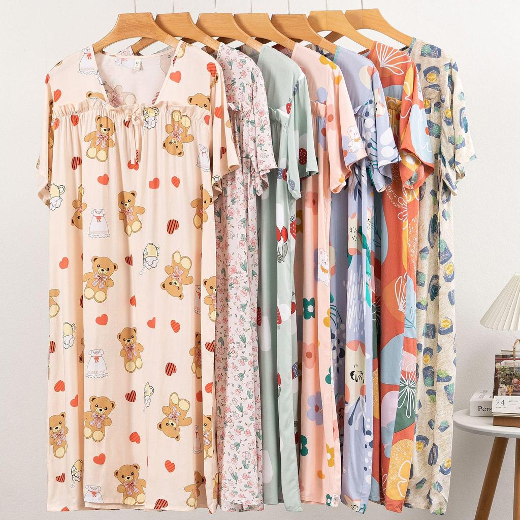 Plus Size Cotton-Silk Cartoon Floral Pajama Dress: Lightweight, Loose-Fit, Summer Homewear