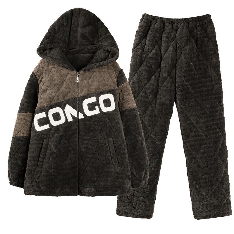 Coral Fleece Pajamas Men'S Winter Thickened Fleece Warm Men'S Autumn And Winter Three-Layer Cotton-Padded Loungewear