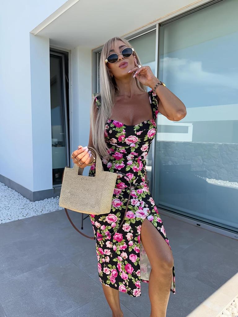 2025 Summer Elegant French Floral Slit Midi Dress