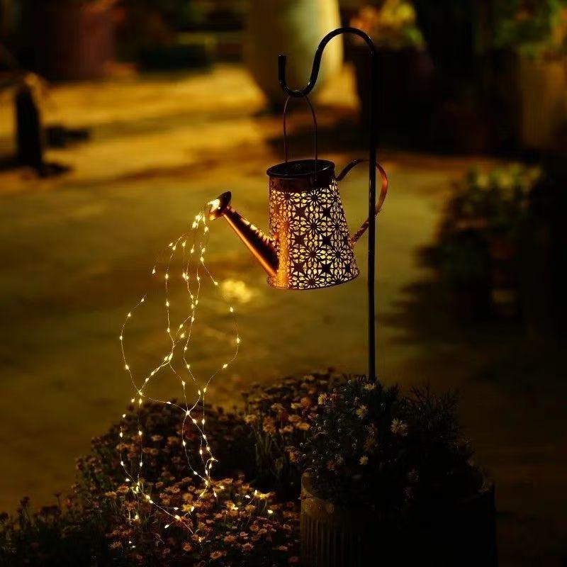 Solar Kettle Light: Outdoor Garden Decoration with Wrought Iron Water Sprinkler